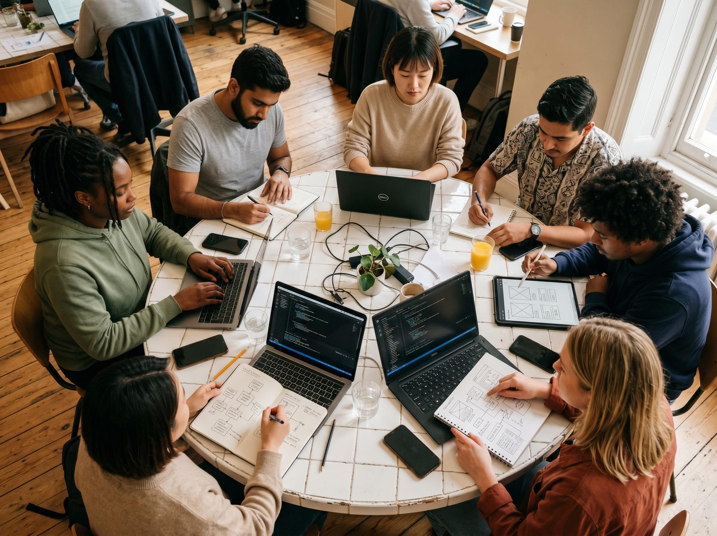 Equipe Agendai Digital reunida em mesa com notebook aberto